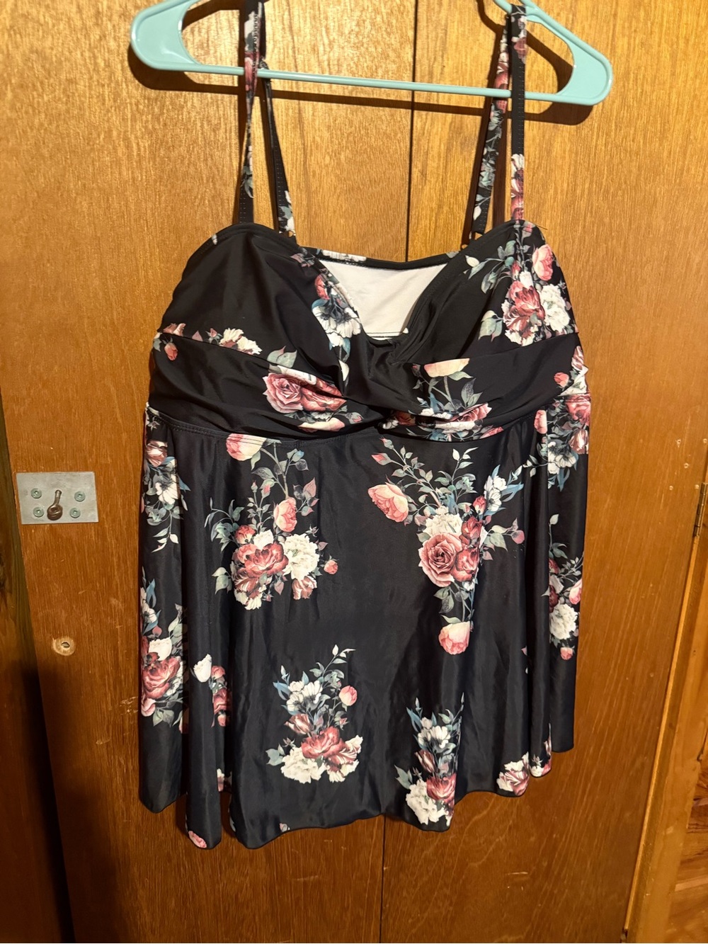 SHEIN Black Floral Swim Camisole with Pink and White Roses